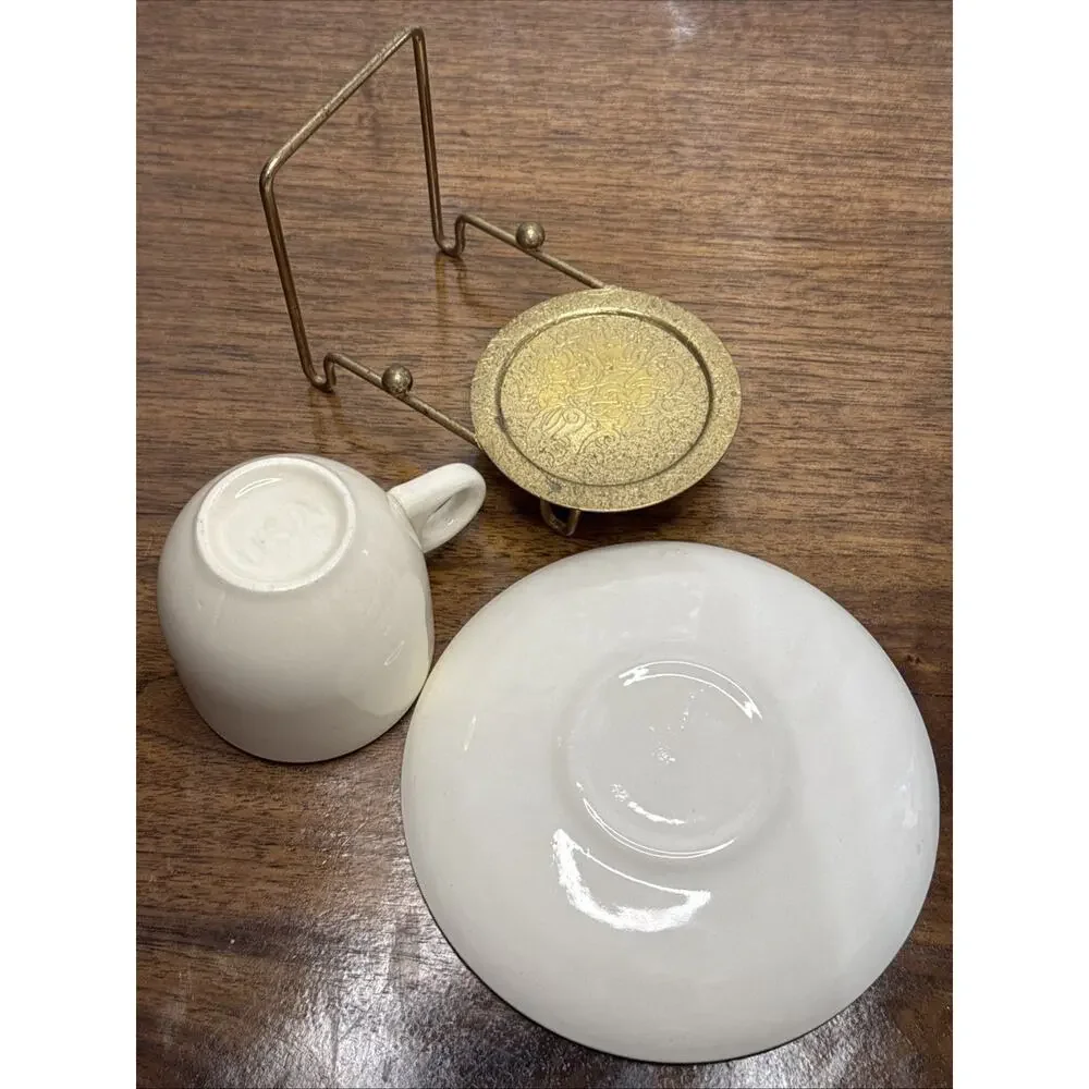 USA Demitasse Cup Saucer Currier & Ives With Display Stand Holder